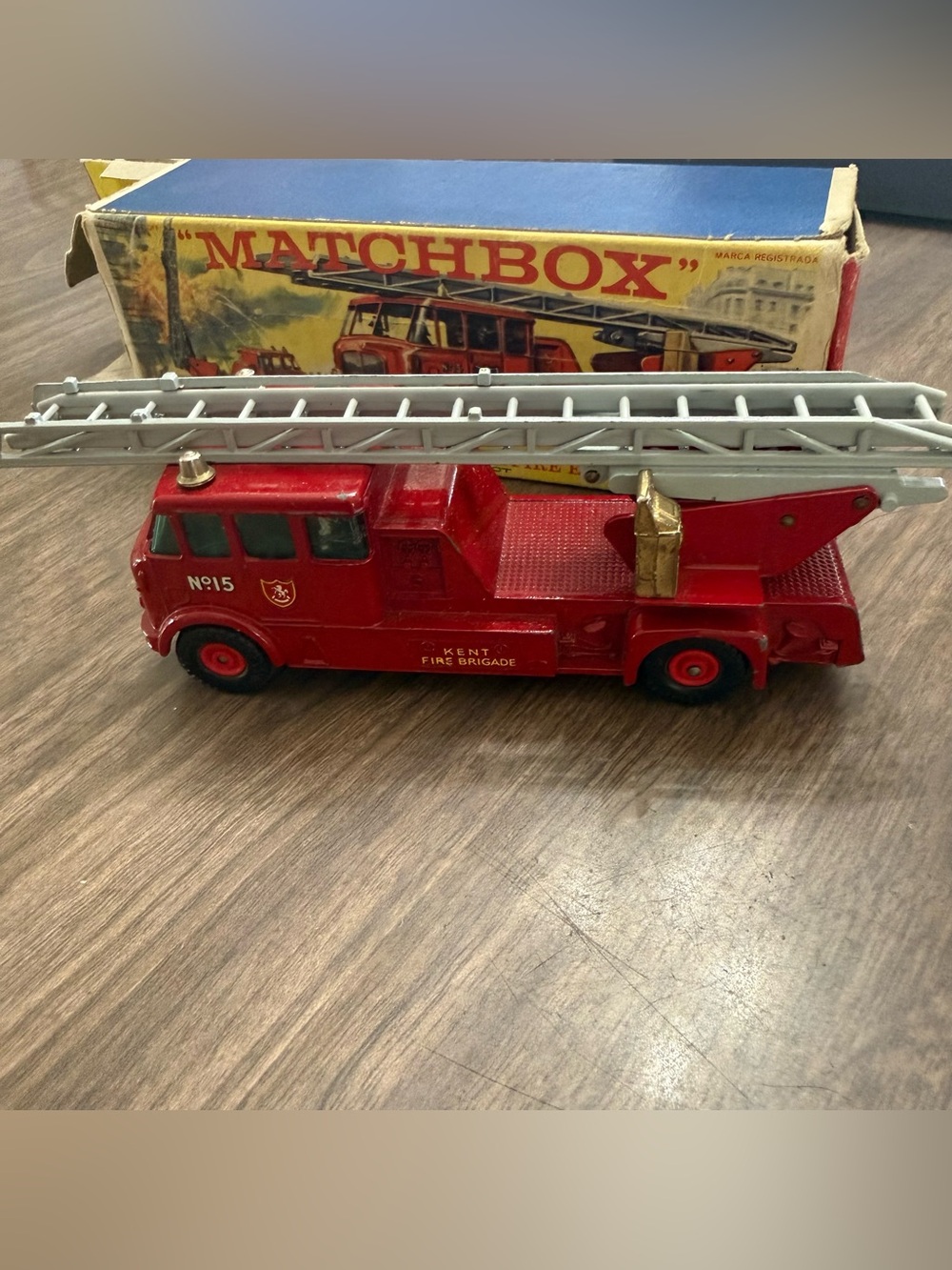 Vintage Matchbox K-15 Fire Engine Box with Blue Top and Yellow Panels box